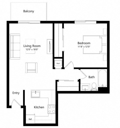 Floor plan for 1 bed, 1 bath, 613 sqft